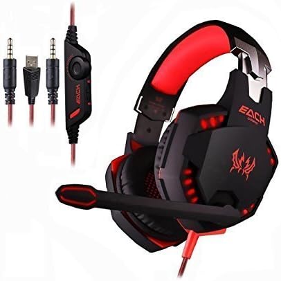GuDenns Over Ear Vibration Stereo Gaming Headset with Mic USB and 3.5mm Audio Connector Adjustable Padded Headband LED Indicator for PC Gamers Black and Red