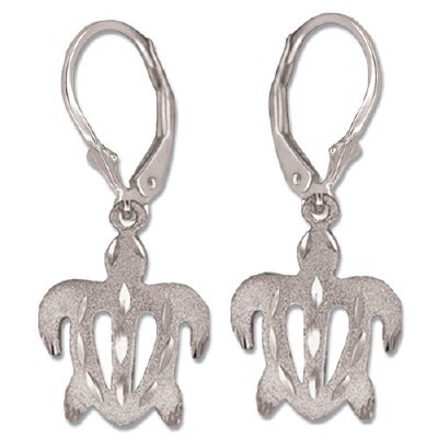 14K White Gold Lever Back Honu Sea Turtle Hawaiian Earrings