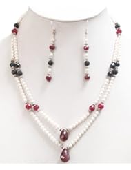Amazing Designer Natural Pearl & Faceted Sapphire, Ruby Drops Beaded 2 Rows Necklace with Free Earrings