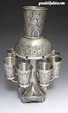 Jerusalem Motifs Pewter 6 Cup Kiddush Wine Fountain