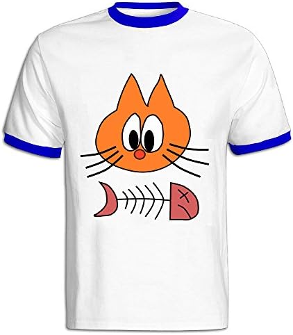 Men's Cartoon Cat And Fish 100% Cotton RoyalBlue Large Shirts