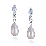Sterling Silver Cubic Zirconia and 8x13 mm Freshwater Cultured Pearl Teardrop Earrings by Cheline