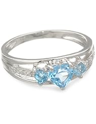 Three Heart Shape .018 Diamonds CTTW in Silver Blue Topaz Ring, Size 6