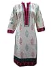 Womans Indian Kurta White Pink Floral Kurti Tunics Caftan Linen Cotton Dress M