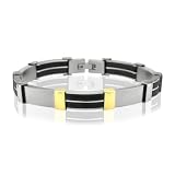 Men's 18k Gold and Stainless Steel with Black Robber Bracelet Bangle (Length 7.5 and Width 9mm)