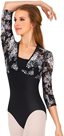 Adult Lace Long Sleeve Leotard,NAB116BKWTM,Black/White,Medium