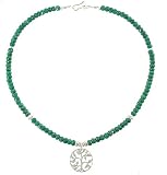 Round Cut Out Family Tree of Life Pendant in Sterling Silver on an Emerald Gemstone Bead Choker Necklace, 16