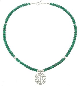 Round Cut Out Family Tree of Life Pendant in Sterling Silver on an Emerald Gemstone Bead Choker Necklace, 16" Length, #7824
