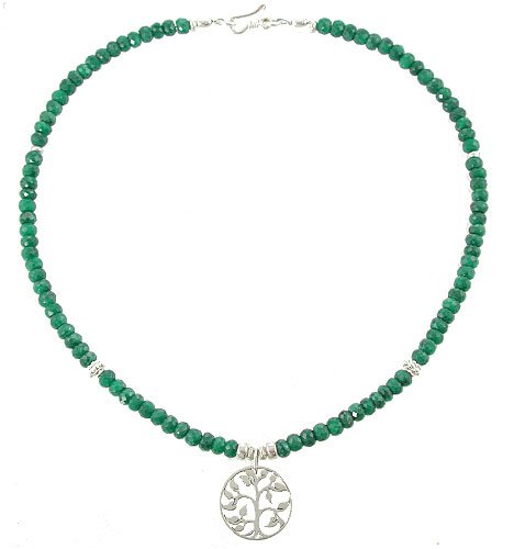 Round Cut Out Family Tree of Life Pendant in Sterling Silver on an Emerald Gemstone Bead Choker Necklace, 16