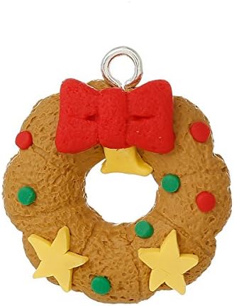 Housweety 10pcs Polymer Clay Khaki Christmas Wreath Pendant With Bowknot 3.2cm x2.8cm