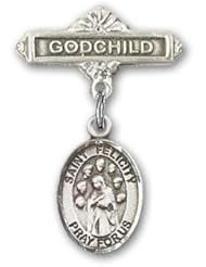 Sterling Silver Baby Badge with St. Felicity Charm and Godchild Badge Pin