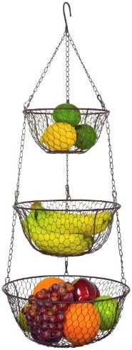 MyGift 3 Tier Bronze Metal Hanging Kitchen Fruit Basket, Country Rustic Heavy Duty Wire Produce, Vegetables and Storage Organizer Basket with Sturdy Ceiling Hook