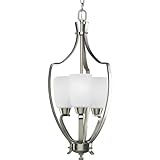 Progress Lighting P3509-09 3-Light Foyer with Etched Glass and Arching Rectangular Arms with Strap Accents, Brushed Nickel