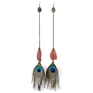 Long Dangle Peacock Feather Earrings - Antique Gold -Lead and Nickel Free
