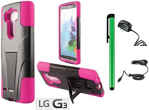 LG G3 Premium T-Stand / Side-Stand Hybrid Holster Design Protector Hard Cover Case (For 2014 LG New Flagship Android Phone) + Travel (Wall) Charger & Car Charger + 1 of New Assorted Color Metal Stylus Touch Screen Pen (PINK / BLACK)