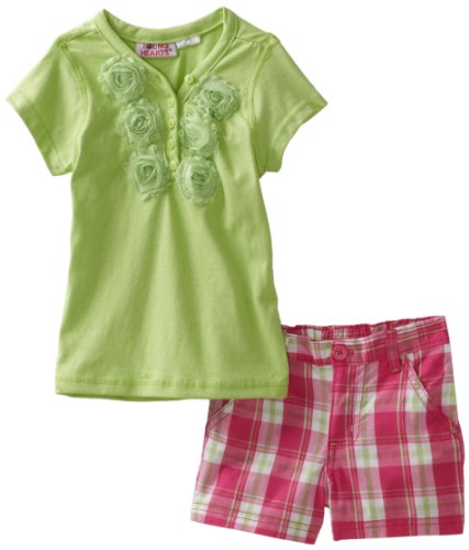 Young Hearts Girls 2-6x 2 Piece Plaid Short and Jersey Set, Green, 6