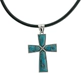 Blue Laugna Lace Inlay Cross Frame Pendant - 35x47mm - 18-20" Adjustable Necklace Included
