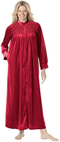 Only Necessities Women's Plus Size Smocked Velour Zip-Front Robe Classic Red,M