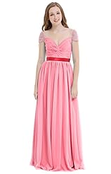 V-neck Sweetheart Short Sleeves Chiffon Evening Dress/Bridesmaid Dress/Prom Dress 