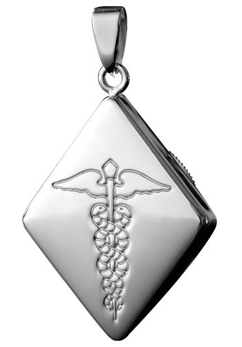 Infomedic Rhodium-Plated Sterling Silver Medical Pendant - Diamond Shape (inc. Chain)
