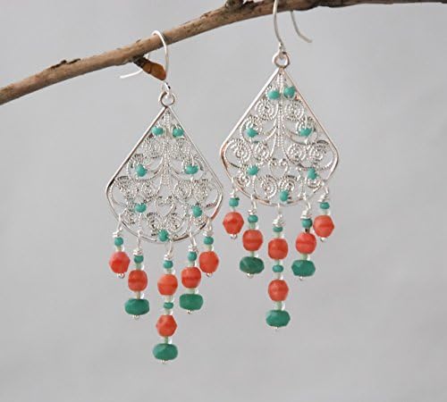 Bohemian Turquoise glass and pink coral glass color silver plated chandelier filigree earrings. Bohemian style. Bridesmaids gifts. Everyday office wear fashion accessories.