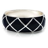 Wide Navy Blue Enamel Ornamental Hinged Bangle Bracelet (Silver Tone)