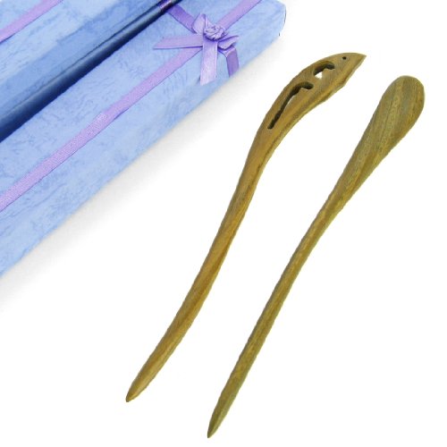 kilofly Oriental Handcraft Carved Wooden Hair Sticks Set of 2, Lucky Fish & Pin Fork, with Gift Box