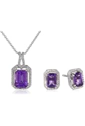 Sterling Silver Octagon Amethyst and Diamond Pendant And Earring Box Set