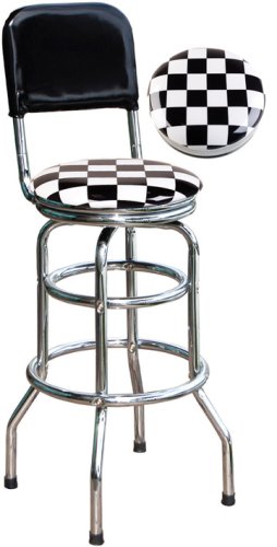 On The Edge Marketing OTE-801105 Checker Flag Barstool With 2 Foot Rings and Chrome Seat Ring And Back Rest With Swivel