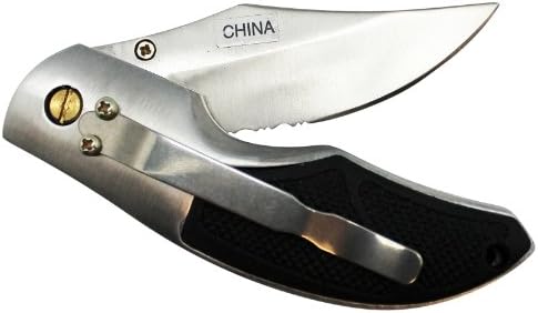 Silver and Black Grip Stainless Steel Wide Clip Poin Outdoor Pocket Knife