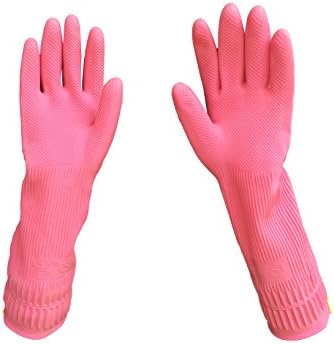 Hanger Type Natural Rubber Latex Household Dishwashing Laundry Cleaning Gloves with Glove Holder Loop, Medium (1 Pair) Pink Color