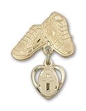 14kt Gold Baby Badge with Cross Charm and Baby Boots Pin