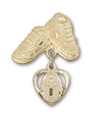 14K Gold Baby Badge with Cross Charm and Baby Boots Pin