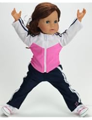 18 Inch Doll Clothing Sweatsuit fits American Girl Dolls, 2 Pc. Stretch Knit Pink/Navy Doll Track Suit
