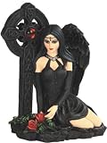Black Angel Fairy Sitting with Gothic Gem Cross and Roses Statue