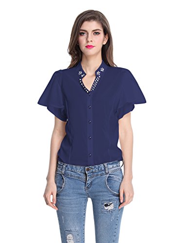 E.JAN1ST Women's V Neck Blouse Top Chiffon Short Ruffle Sleeve Button Down Shirt