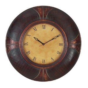 Round Wall Clock in Leather on Wood 35