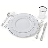 "OCCASIONS" Full set - Wedding Disposable Plastic Plates, plastic silverware and Silver Rimmed tumblers (Settings for 40 guests)