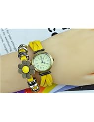 KANO BAK(TM) Fashion Weave Wrap Around Press Button Leather Retro Bracelet Woman Girl Unisex Sunflower Wrist Nice Gift Watch Yellow