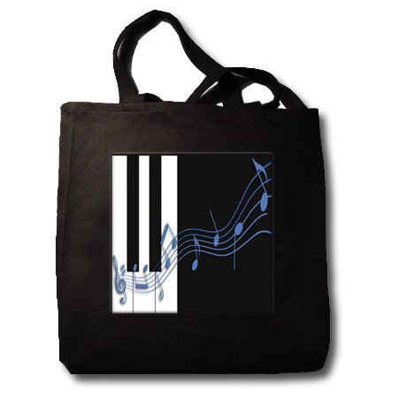 Blue Music Notes on Piano Keys - Black Tote Bag 14w X 14h X 3d