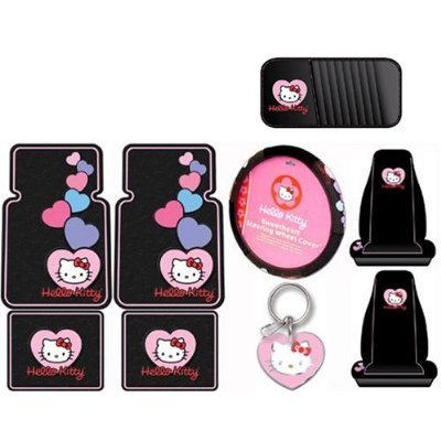 Hello Kitty Sanrio Hearts Design 10pc Combo Set Front & Rear Floor Mats Seat Covers Steering Wheel Cover CD Visor Organizer licence plate frame & Keychain