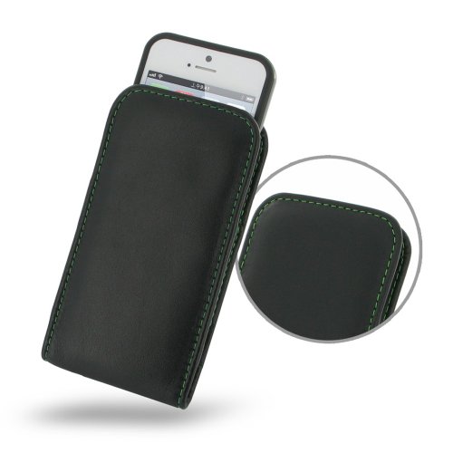 iPhone5 Leather Case in Bumper - Vertical Pouch Type - PDair (Black Green Stitchings) *** NO Belt Clip & NO Bumper Included ***