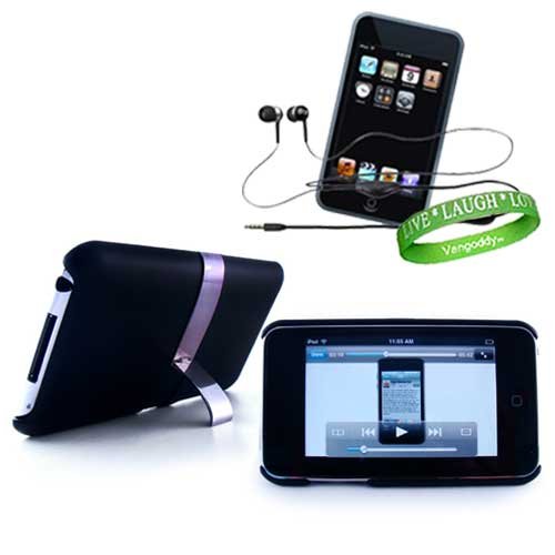 Apple iPod Touch 8GB 32GB 64GB 3rd Generation iTouch BLACK Hard Case Cover Sleeve with Metal Built In Kick Stand+ Ipod ITouch Earphones With Mic + Live * Laugh * Love Writs Band!!!