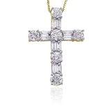 14K Yellow Gold 1/4 ct. Round and Baguette Cut Diamond Cross Pendant with Chain (Higher Quality)
