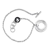 Delightful Style: Sterling Silver Designer Inspired Cable Chain Bracelet with Double Silver Open Circles and Black Onyx Open Circle Charm