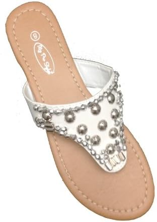 Womens Flip Flops Flats Sandals Flower Rhinestone Summer Beach Flat Shoes BY MPS (8, White Rhinestone)