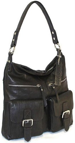 Nino Bossi Creased Leather Double Pocket Shoulder Bag Chocolate