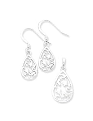 Sterling Silver Polished Filigree Teardrop Earring & Pendant Set