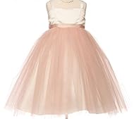 Girls Satin Gathered  Mesh Glittering Tea Length  Dress With a Bow(s)