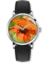 SPRAWL Aanalog Fashion Series Silver Ladies Watches of Genuine Black Leather Strap,Unique Wrist Watch for Women Girls Designed with Butterfly on an orange flower